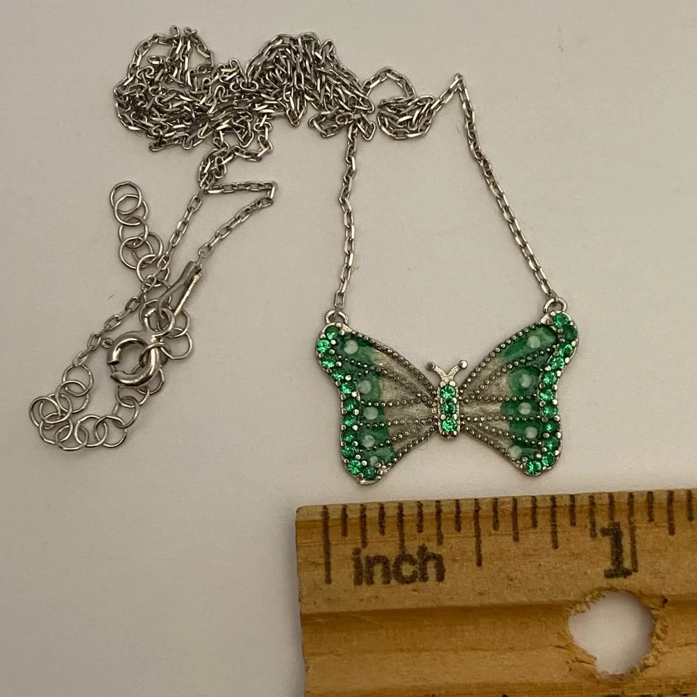 925 Silver butterfly necklace cz stones and green white handmade enamel